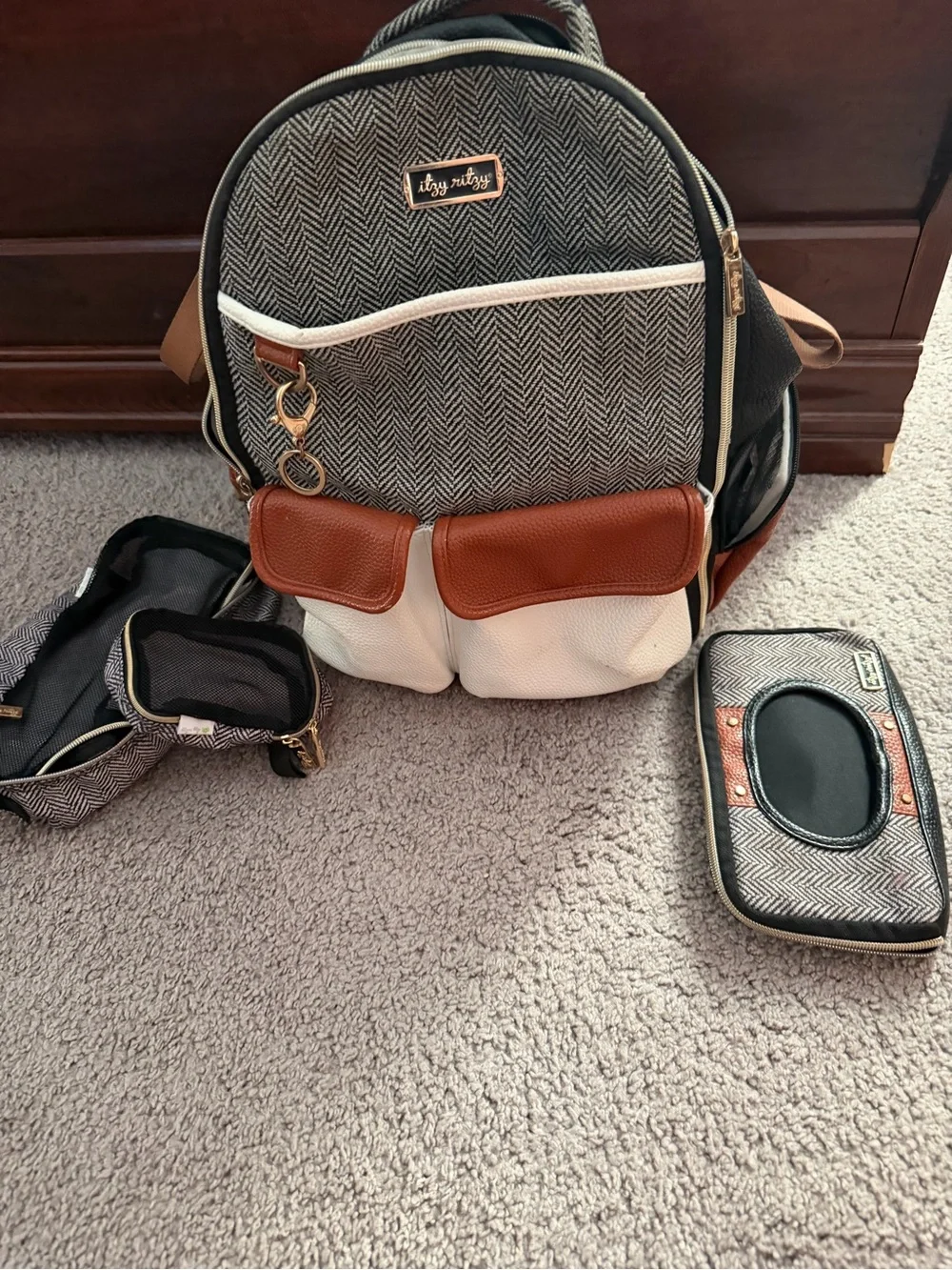Itzy Ritzy Herringbone Diaper Backpack with Brown and Cream Accents